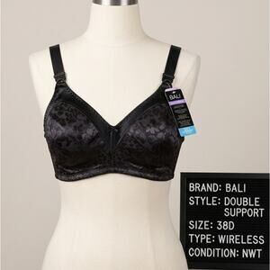 NWT Bali 38D Bra Double Support Wireless Black Floral Satin Style 3372